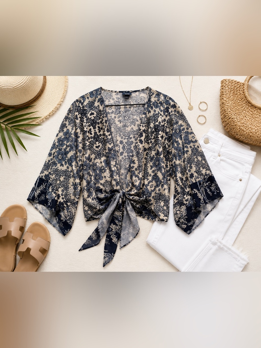 Daytrip Large Blue Cream Floral Paisley Kimono Wrap Tie Blouse 100% Rayon